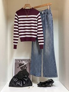 Muvela Striped Pattern Ribbed Knit Sweater,Long Sleeve Tops,Knitted Sweater In Fall/Winter Casual Burgundy/Wine - Burgundy - View 2