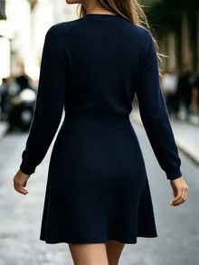 Velvienne Plus Size Women Solid Color V-Neck Casual Daily Knit Dress - Royal Blue - View 2