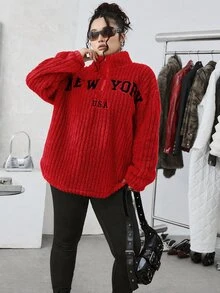 SHEIN EZwear 大尺碼 2 件套：紅色休閒字母印花拉鍊抓絨連帽衫與修身瑜伽褲，百搭大尺碼風格，適合秋冬 - 紅色 - 查看 4