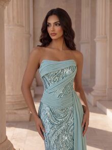 Coutiva Women's Patchwork Sequin Pleated Design Fashionable Elegant Strapless Evening Gown - Green - View 7