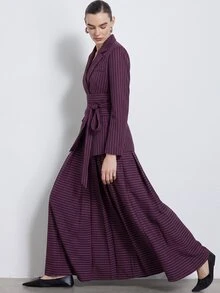 Aveloria Modichic 女款兩件式修身西裝套裝，寬肩收腰繫帶設計，西裝領，優雅酒紅色細條紋，女式剪裁套裝 - 紫色 - 查看 6