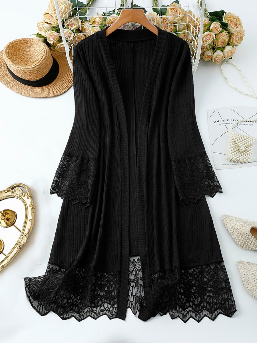 EMERY ROSE Plus Size Women's Best-Selling Elegant Ribbed Brushed Lace Trim Patchwork Mid-Length Shawl Cardigan, Minimalist Slimming Cut Design, Suitable For Daily Commute, Outings, Dates And Gatherings - Black - View 1