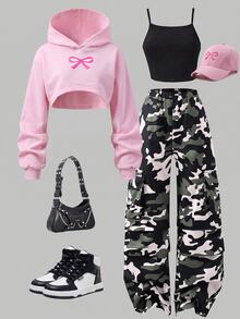 SHEIN Girlism 青少年女孩休閒日常短版紋理長袖蝴蝶結印花運動衫 - 粉色 - 查看 1