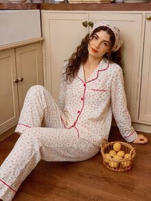 Tulorae Women's Cherry Print Long Sleeve & Long Pants Pajama Set, Farmhouse Style, Suitable For Home And Outdoor Wear - Apricot - View 3