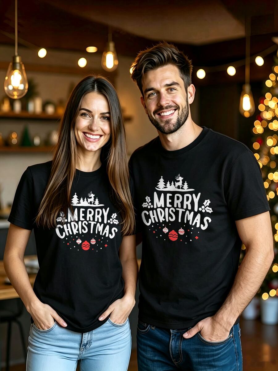 HypeHours Men's Plus Size Classic Santa Claus Street Style Graphic T-Shirt, Suitable For Family Wear, Holiday Edition, Christmas Eve Essential - Black - View 1