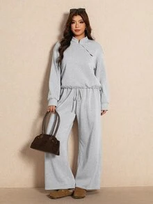 Elaquor Plus Size Women's Solid Color Long Sleeve Top And Pants Casual Daily 2 Pieces Set - Grey - View 4