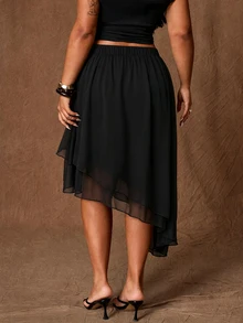 Rustia Plus Size Polka Dot Asymmetrical Hem A-Line Elegant Romantic Skirt - Black - View 2
