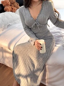 Napfluff Women's Casual Sleep Dress With Brushed Ribbed V-Neck And Ruffle Trim - Grey - View 4
