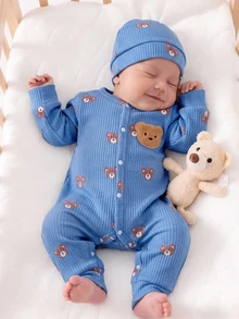 SHEIN Newborn Beige Bear Pattern Long Sleeve Long Pants Romper & Hat Set - Dusty Blue - View 5