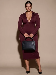 SHEIN BAE CURVE Plus Size Women's Grape Purple Polo Collar Mid-Length Dress - Purple - View 6