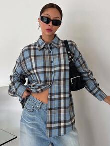 DAZY Women's Casual Vacation Button-Up Plaid Long Sleeve Shirt - Khaki - View 4