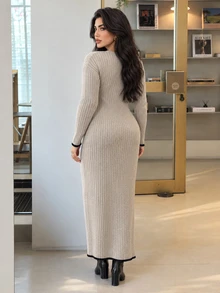 Feyla Plus Size Elegant Metal Buckle Pleated Knit Dress - Khaki - View 2