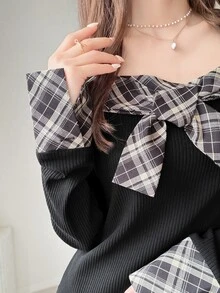 FRIFUL Women's Patchwork Plaid Bow Decor Long Sleeve Elegant Dress - Black - View 5