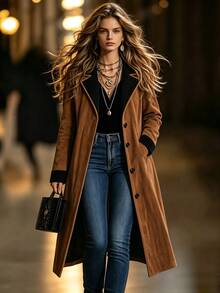 SHEIN ChicEase جاكيت نسائي متعدد الألوان كاجوال متعدد الاستخدامات للارتداء اليومي - بني مصدي - مشاهدة 1