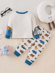 SHEIN Baby Boy Cartoon Animal Print Long Sleeve Crew Neck Top And Pants Loungewear Set - Multicolor - View 2