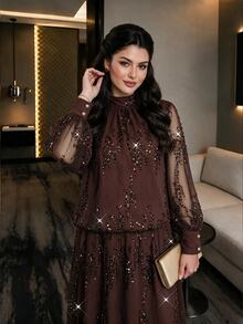Auveirra Plus Size Sequin Pleated Top And Long Skirt 2 Pieces Set - Mocha Brown - View 5