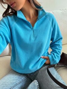 DAZY Women's Raglan Long Sleeve Zipper Half-Placket Casual Sweatshirt - Blue - View 6