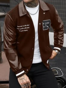 Manfinity CasualCool 男士純色拼接前扣長袖字母印花休閒棒球夾克，隊服夾克 - 棕色 - 查看 3