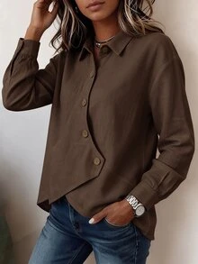 Zayélia French Style Asymmetrical Long Sleeve Shirt, Washed Textured Cotton Linen, Casual Commute Style, Misaligned Diagonal Collar With Contrast Color Wooden Buttons Design, Asymmetrical Hem, Loose Shoulder To Hide Body Shape, Versatile And Slimming - Brown - View 6