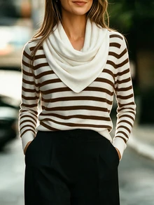 SHEIN Holidaya Women Draped Cowl Neck Knit Sweater, Autumn Slim Long Sleeve Basic Undershirt - Multicolor - View 6
