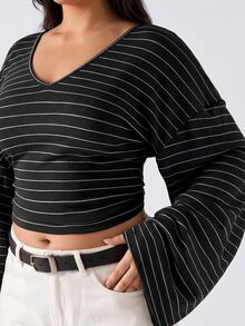 LYSMO Plus Size Women's Autumn/Winter Black & White Striped Flare Sleeve T-Shirt - Multicolor - View 1