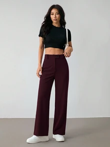 SHEIN PETITE Women's Solid Color Casual Versatile Daily Wear Long Pants - Red Violet - View 5