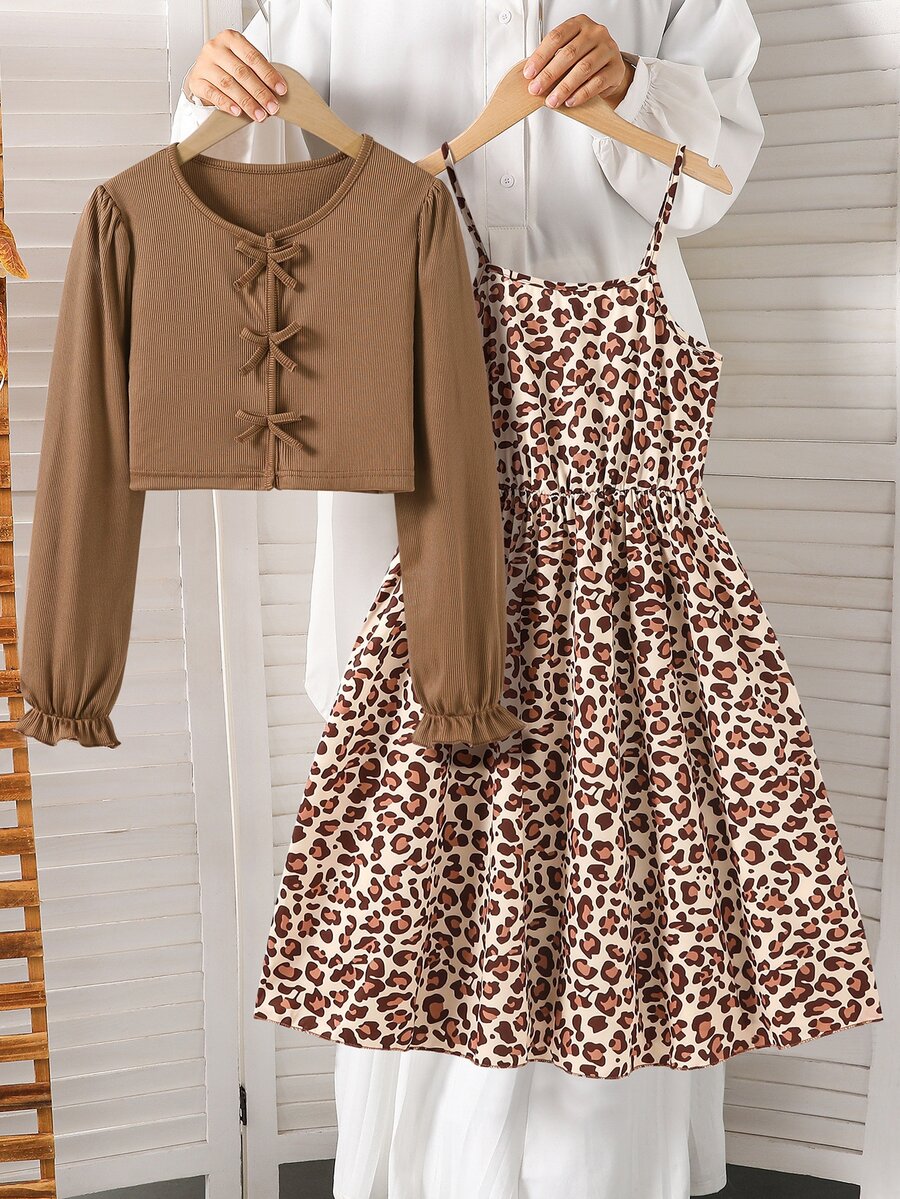 SHEIN Tween Girls 2pcs Outfit Ribbed Knit Bow Cardigan And Floral Cami Dress Set - Multicolor - View 1