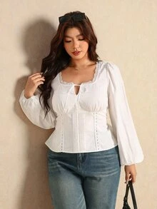Elaquor Plus Size Elegant Lace Patchwork Pleated Tie-Front Blouse - White - View 4