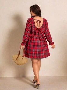 Elaquor Plus Size Vacation Fashion Square Neck Plaid Dress - Red - View 6