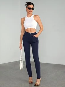 SHEIN Tall 女款休閒極簡純色高腰修身長褲 - 藏蓝色 - 查看 3