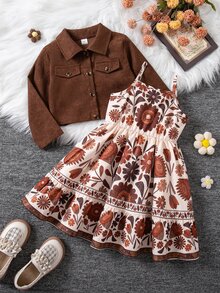 SHEIN Vintaside Kids 女童棕色短版夾克套裝復古碎花印花吊帶裙冬季洋裝復古休閒2件套感恩節7歲生日棕色裙秋季 - 棕色 - 查看 3