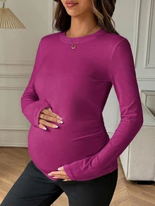 Dazy Maternity Solid Color Slim Fit Round Neck Long Sleeve Casual Soft Vacation Korean Style Spring Autumn Maternity T-Shirt Formal Photoshoot White - Burgundy - View 3