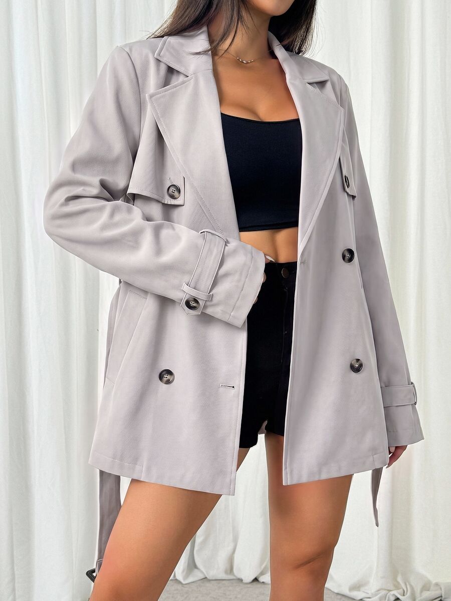 SHEIN EZwear 秋冬雙排扣收腰中長款風衣 - 卡其色 - 查看 1