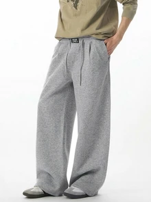 DAZY Autumn/Winter Thermal Lined Waistband Patch Elastic Waist Light Gray Straight Leg Men's Sweatpants - Light Grey - View 3