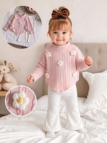 SHEIN Playful Pals 女嬰春秋針織兩件套，半高領長袖毛衣配3D貼花花朵＋荷葉邊喇叭褲，柔軟麻花針織面料，甜美可愛女嬰套裝，適合女嬰日常穿著、嬰兒攝影與休閒外出 - 粉色 - 查看 1