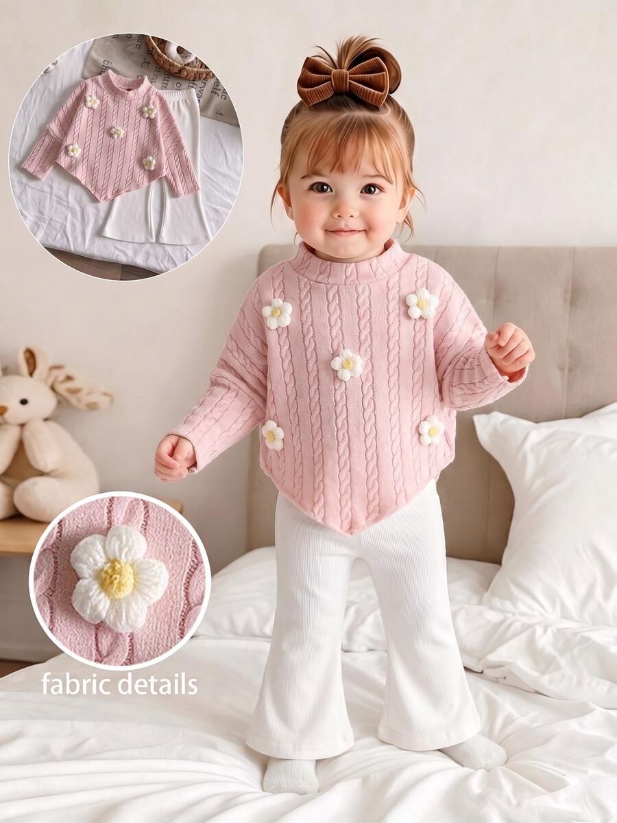 SHEIN Playful Pals 女嬰春秋針織兩件套,半高領長袖毛衣配3D貼花花朵+荷葉邊喇叭褲,柔軟麻花針織面料,甜美可愛女嬰套裝,適合女嬰日常穿著、嬰兒攝影與休閒外出 - 粉色 - 查看 1