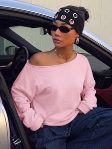 SHEIN EZwear 女款休閒粉色露肩寬鬆長袖衛衣，33%棉，女款反季服飾 - 淺藍色 - 查看 5