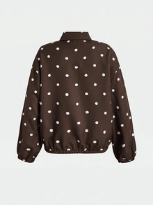 SHEIN 青少年女孩秋季新款波點圖案寬鬆立領夾克外套 - 棕色 - 查看 2