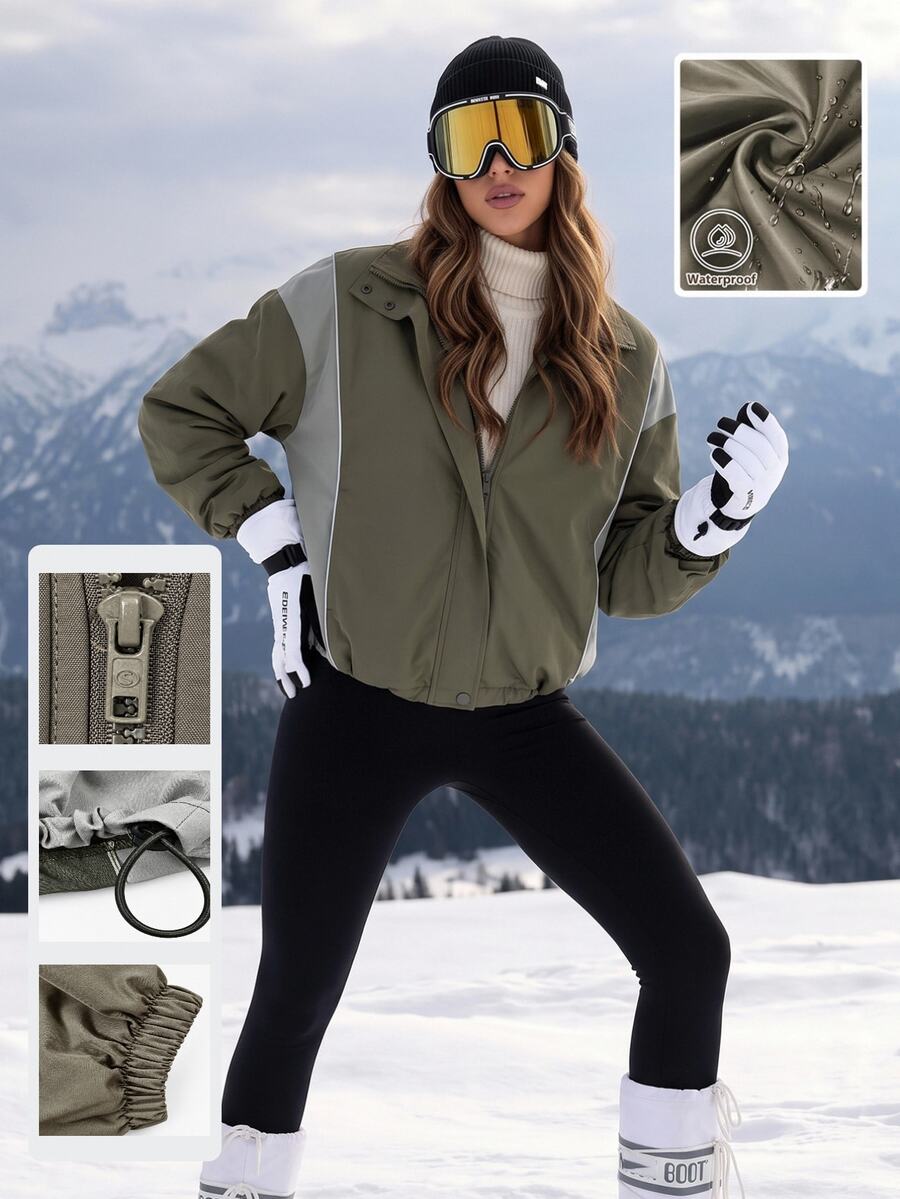 SHEIN BASICS Women's Colorblock Zipper Casual Versatile Daily Outdoor Softshell Jacket - Army Green - View 1