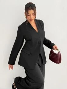 Firerie Plus Size Women's Spring/Autumn Elegant Fitted Blazer With Small Stand Collar, Single-Breasted Button, Pocket Design, Cinched Waist And Long Sleeves - Black - View 5