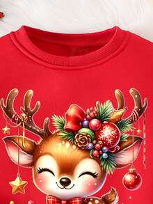 Christmas Girls Cartoon Cute Reindeer Gingerbread Man Decorative Pattern Printed Round Neck Sweatshirt Fall Outfits - Red - View 7