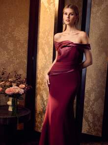 MOTF Soiréza WOMEN'S ELEGANT SEXY SATIN PATCHWORK BANDEAU EVENING DRESS - Burgundy - View 5