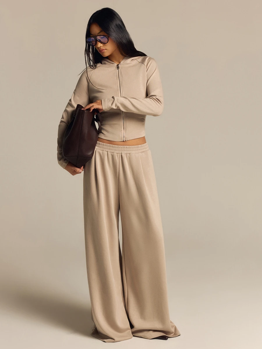 COSMINA Hooded Zip-Up Long Sleeve Sweatshirt And Wide Leg Pants Set, Casual Autumn/Winter - Khaki - View 1