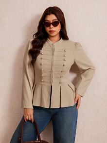 Elaquor Plus Size Women's Long Sleeve Button Design Pleated Hem Casual Jacket Fall - Apricot - View 5