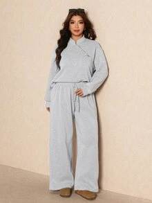 Elaquor Plus Size Women's Solid Color Long Sleeve Top And Pants Casual Daily 2 Pieces Set - Grey - View 6