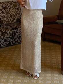 DAZY Nude Fine Sequin Elastic Waist Fully Lined Fashion Skirt - Gold - View 5