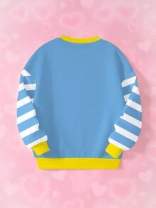 THE POWERPUFF GIRLS X SHEIN 少女條紋卡通印花圓領長袖休閒運動衫 - 白色 - 查看 2