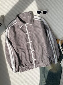 Comfortcana 女款秋冬格紋青蛙鈕扣口袋長袖拿破崙夾克外套 - 咖啡棕 - 查看 4