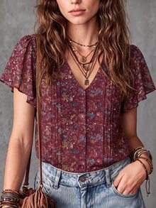 Everyssa Bohemian Pastoral Floral Ruffle Hem Short Sleeve Blouse, Slouchy Distressed Print Slimming Top - Multicolor - View 3