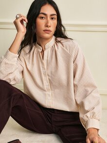 SHEIN بلوزة نسائية بنقشة مربعات وياقة واقفة وأكمام طويلة مجعدة، قميص كاجوال بقصة فضفاضة وأكمام راغلان مع أساور - كاكي - مشاهدة 4